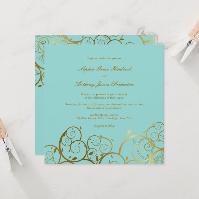 Invitation Turquoise & Classy Golden Spirals Mariage élégant (Devant/Arrière en situation)