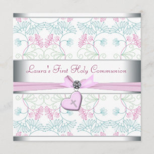 Invitation Turquoise Coeur rose bleu Croix rose blanche Premi