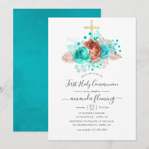 Invitation Turquoise & Corail Fleur d'aquarelle Sainte Commun