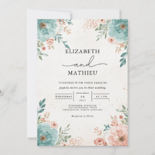 Invitation Turquoise & Coral Floral Mariage