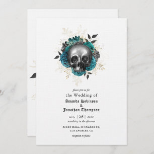 Invitation Turquoise crâne floral Halloween Mariage gothique