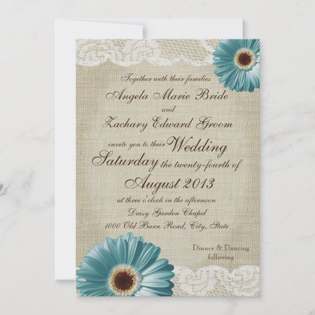 Invitation Turquoise Daisy et Mariage dentelle (Devant)