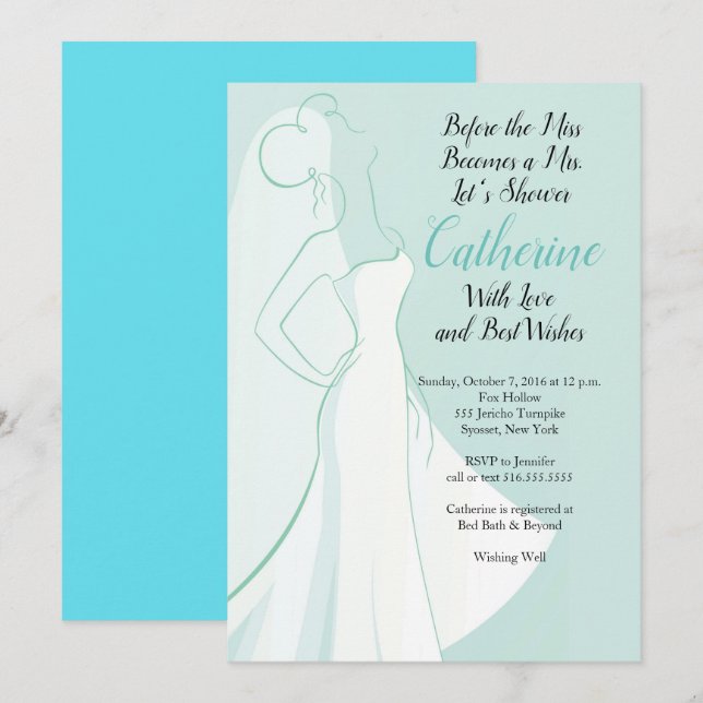 Invitation turquoise de Fête de la mariée de robe (Devant / Derrière)