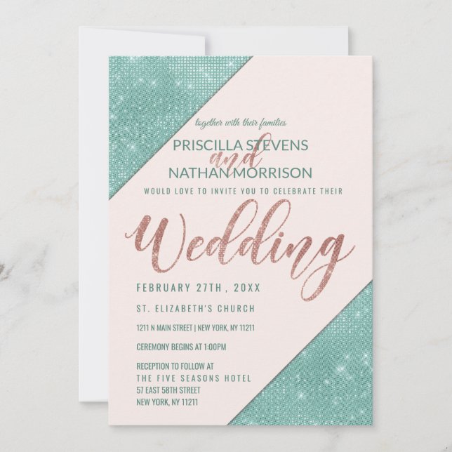 Invitation Turquoise de Parties scintillant de Mariage rose e (Devant)