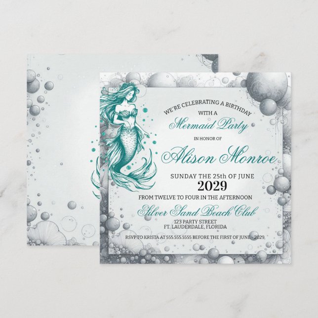 Invitation turquoise du Parti de la sirène (Devant / Derrière)