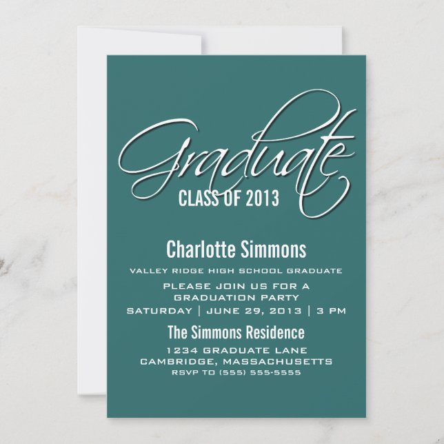Invitation turquoise Elegant Script Graduation (Devant)
