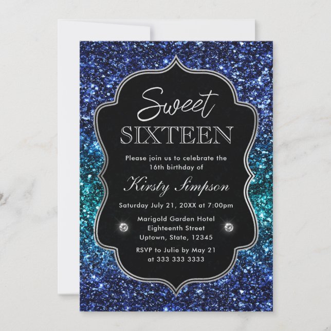 Invitation Turquoise et bleu Océan glamour Parties scintillan (Devant)