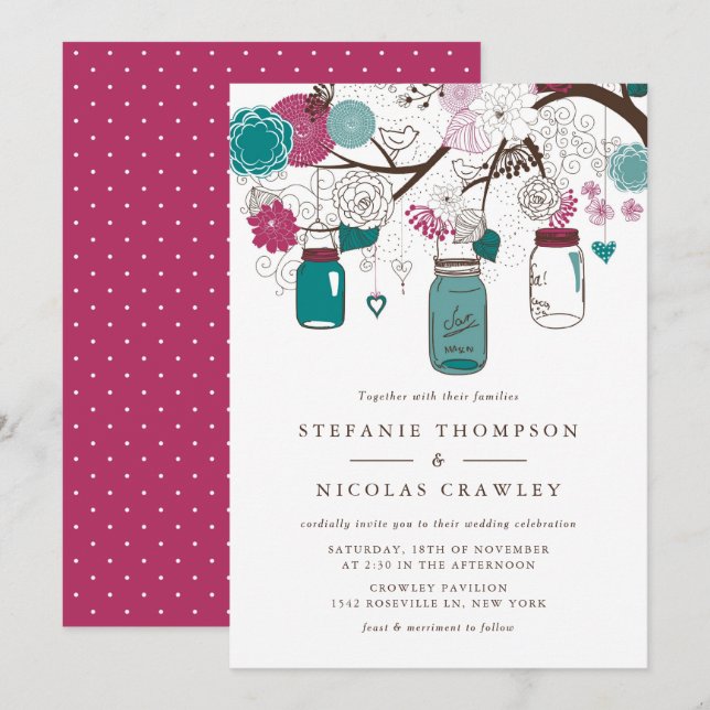 Invitation Turquoise et Bourgogne Hanging Mason Jars Mariage (Devant / Derrière)