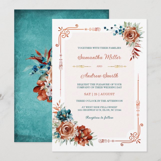 Invitation Turquoise et Burange Orange Mariage Modèle (Devant / Derrière)