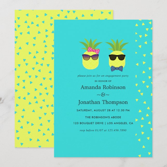Invitation Turquoise et citron fun Pineappy Engagement (Devant / Derrière)