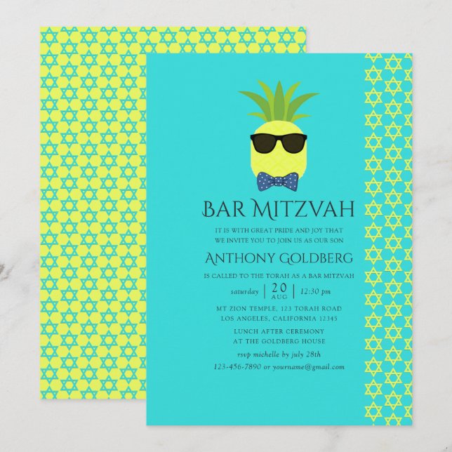 Invitation Turquoise et citron Tropical Summer Bar Mitzvah (Devant / Derrière)