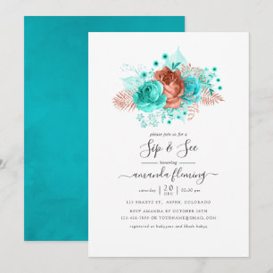 Invitation Turquoise et corail Floral Sip and See