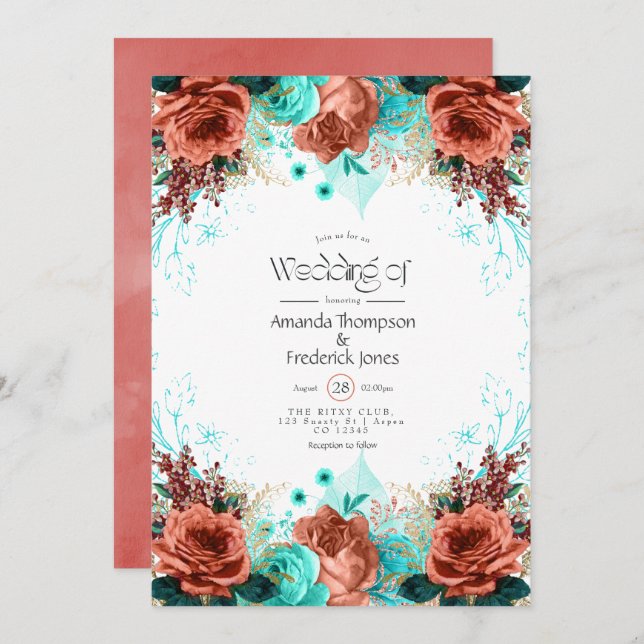 Invitation Turquoise et corail Rustique Mariage floral (Devant / Derrière)