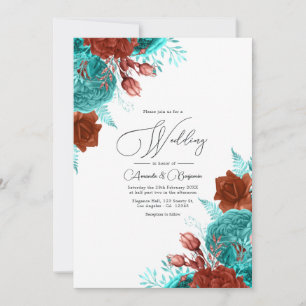 Invitation Turquoise et corail Rustique Mariage floral
