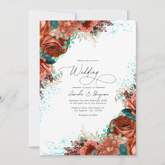 Invitation Turquoise et corail Rustique Mariage floral (Devant)