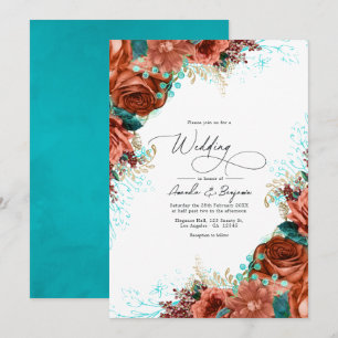 Invitation Turquoise et corail Rustique Mariage floral