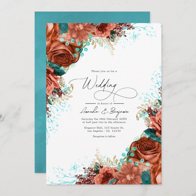 Invitation Turquoise et corail Rustique Mariage floral (Devant / Derrière)