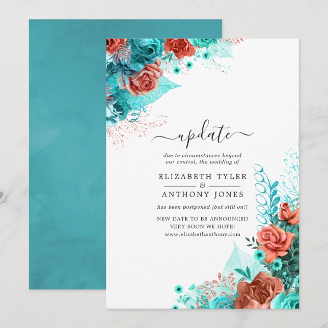 Invitation Turquoise et corail Rustique Mariage mise à jour (Devant / Derrière)
