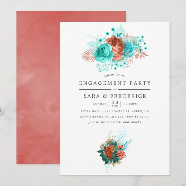 Invitation Turquoise et corail Tropical Engagement Party (Devant / Derrière)