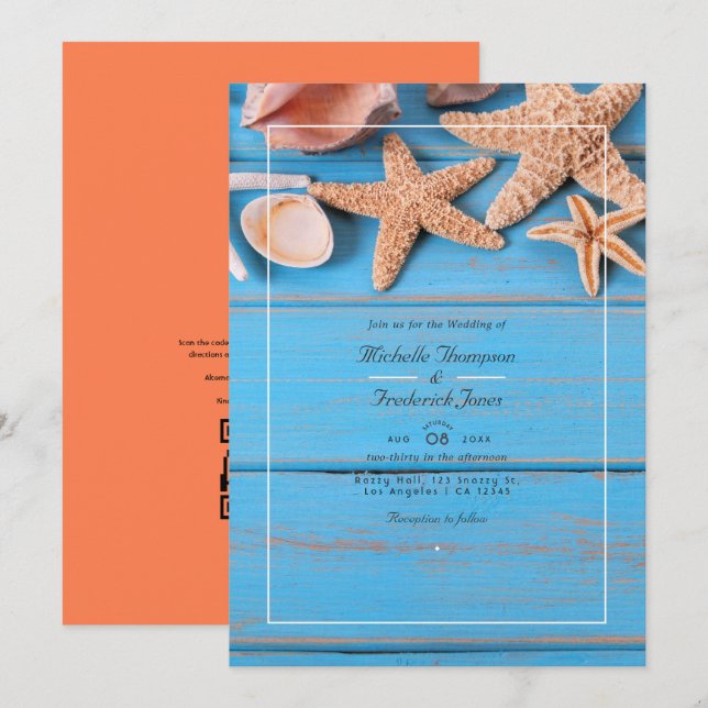 Invitation Turquoise et Coral Beach QR Code RSVP Mariage (Devant / Derrière)