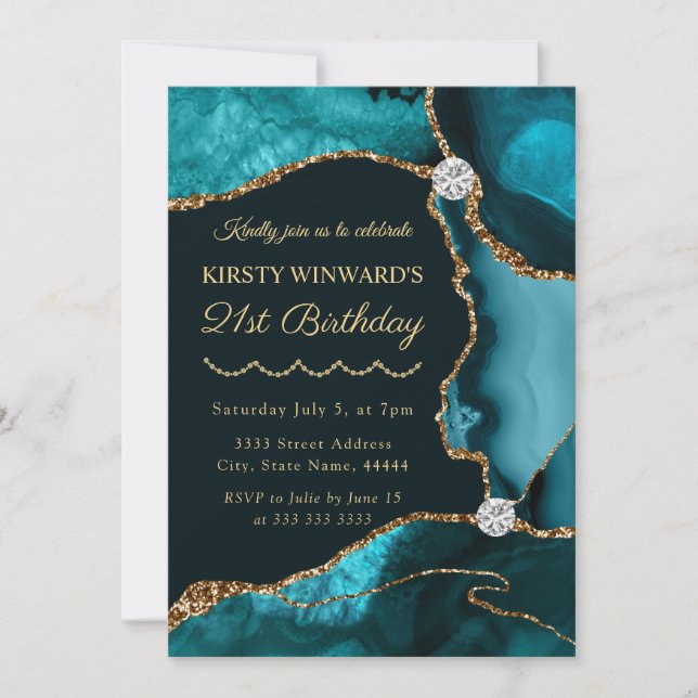 Invitation Turquoise et Gold Faux Parties scintillant Agate A (Devant)