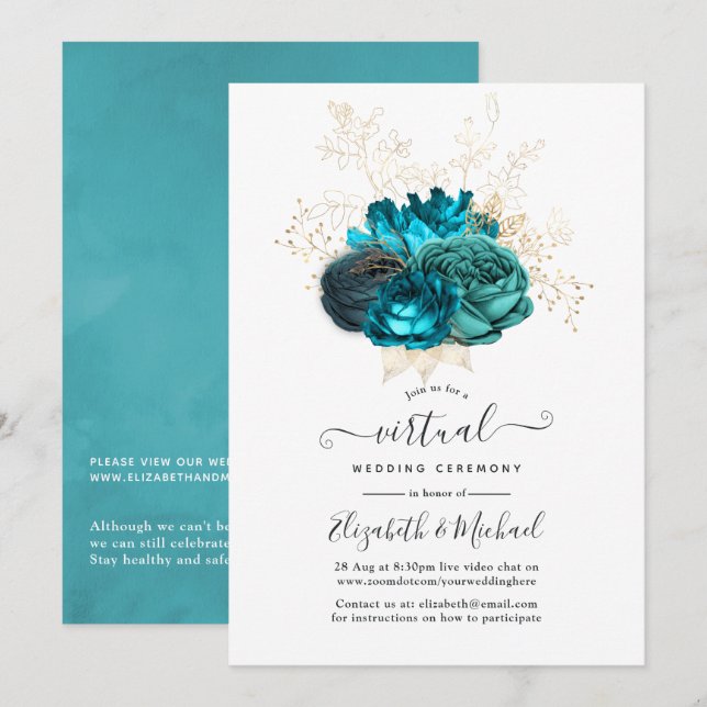Invitation Turquoise et Gold Floral Mariage virtuel en ligne (Devant / Derrière)