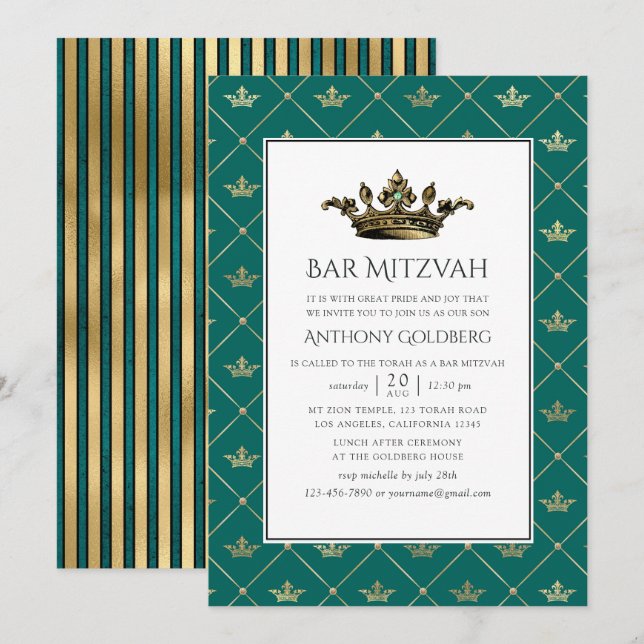 Invitation Turquoise et Gold Heraldique Bar Mitzvah (Devant / Derrière)