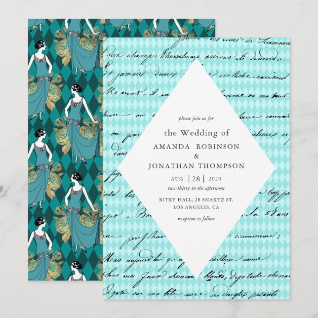 Invitation Turquoise et Gold Paris Thématique Calligraphie Ma (Devant / Derrière)