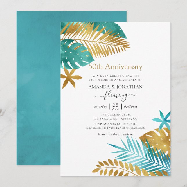 Invitation Turquoise et Gold Tropical 50e anniversaire de Mar (Devant / Derrière)