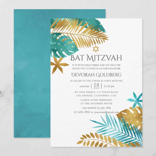 Invitation Turquoise et Gold Tropical Beach Bat mitzvah (Devant / Derrière)