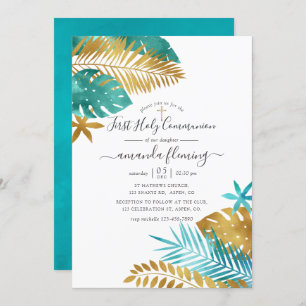 Invitation Turquoise et Gold Tropical Première communion sain