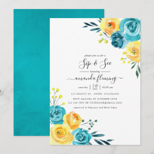 Invitation Turquoise et jaune Fleurs aquarelle Sip and See