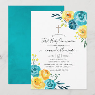 Invitation Turquoise et Jaune Floral Sainte Communion
