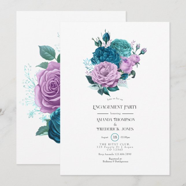 Invitation Turquoise et Lavender Floral Engagement Party (Devant / Derrière)