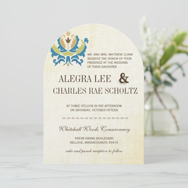Invitation turquoise et Lime Damask Modern Chalkbo (Debout devant)