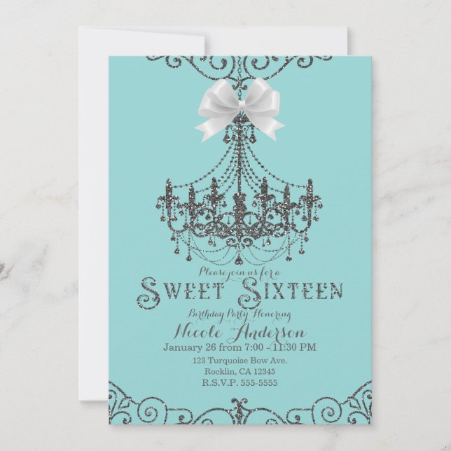 Invitation Turquoise et Nœud Blanc Argenté Sweet 16 Seize (Devant)