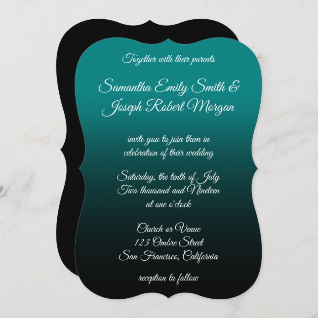 Invitation Turquoise et noir Ombre Elegant Mariage de calligr (Devant / Derrière)