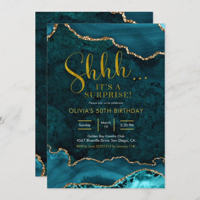 Invitation Turquoise et or Agate Surprise Anniversaire Invita (Devant / Derrière)