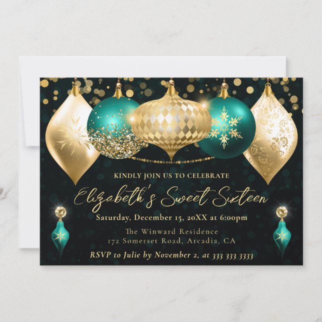Invitation Turquoise et or Baubles de Noël Sweet 16 (Devant)