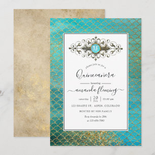 Invitation Turquoise et or Gemstone Sirène Quinceañera