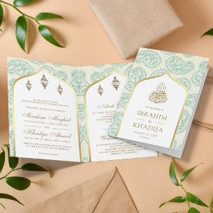 Invitation Turquoise et or Paisley QR Code Musulman Mariage