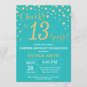 Invitation Turquoise et or Surprise 13e Anniversaire Diamant