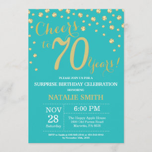 Invitation Turquoise et or Surprise 70e Anniversaire Diamant