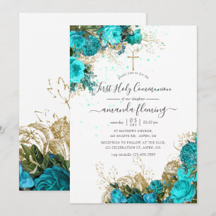 Invitation Turquoise et or Vintage Floral Sainte Communion