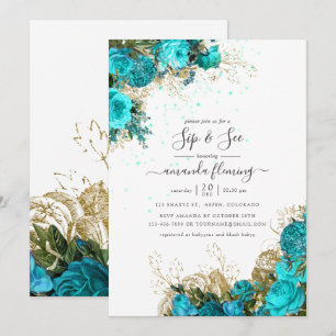 Invitation Turquoise et or vintage shabby floral sip and see