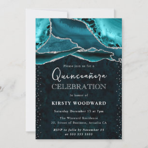 Invitation Turquoise et Paillettes d'Argent Agate Quinceanera