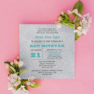 Invitation Turquoise et Parties scintillant argent Bat mitzva