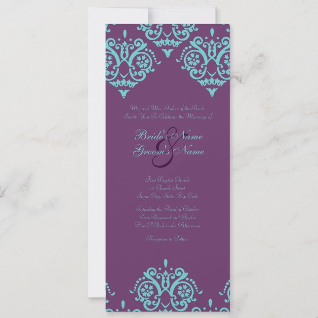 Invitation Turquoise et Purple Mariage damassé (Devant)