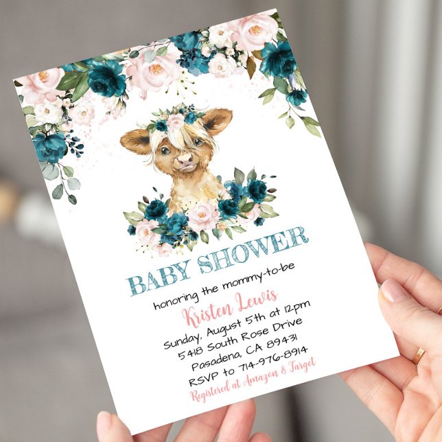 Invitation Turquoise et rose Baby shower de vache Floral High (Créateur téléchargé)