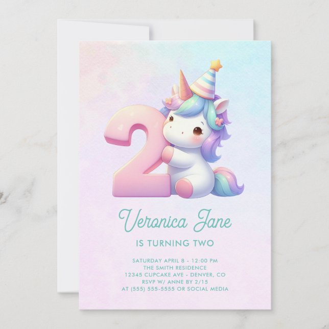 Invitation Turquoise et rose mignon Unicorn 2e anniversaire (Devant)